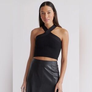 Quince Womens Cropped Halter Ribbed Knit Tank Black Sleeveless Top S